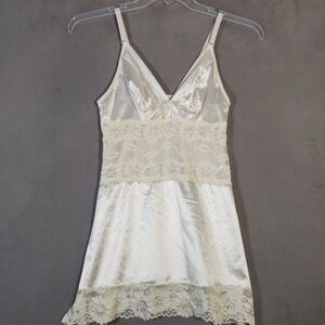 Y2K Slip Dress Womens M Ivory Satin Lace Trim Babydoll Angel Coquette Fairycore